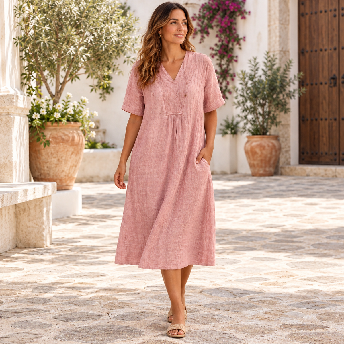 Vestido midi Alba con cuello en V - Rosa